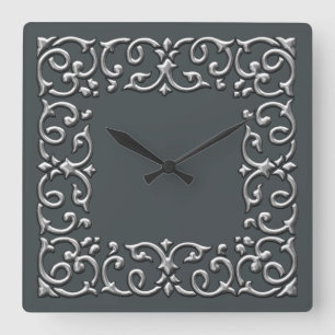 Any Color with Silver Filigree Border Square Wall Clock