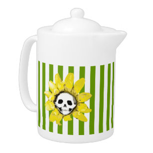 ANY COLOR with WHITE STRIPE! Skull Sunflower Teapot