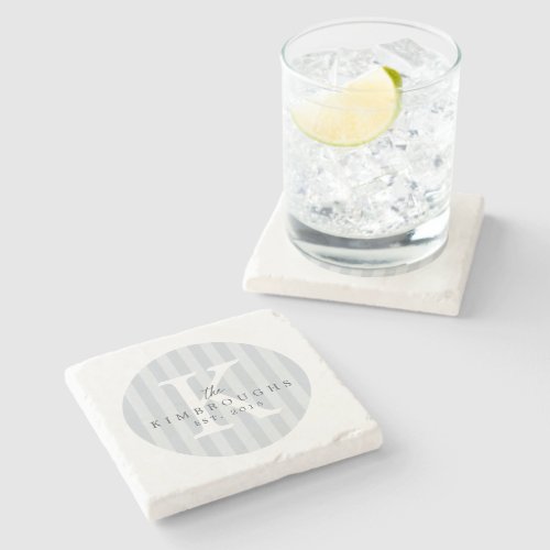 Any Colors Gray Striped Circle Family Monogram Stone Coaster
