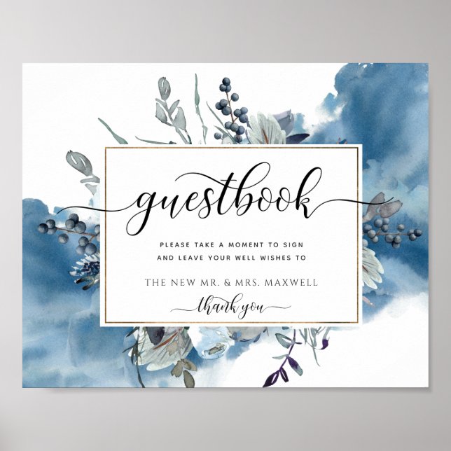 Any Event, Blue Watercolor & Floral Guestbook Sign (Front)