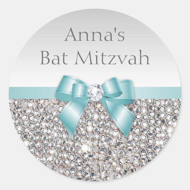 Any Event Faux Silver Sequins Teal Bow Diamond Classic Round Sticker (Front)
