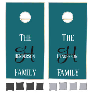 Any Family Name Monogram Script Teal Cornhole Set