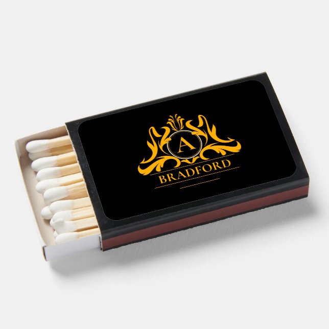 Any Initial Letter & Name Monogram Gold on Black Matchboxes (Front Open)
