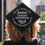 Any Inspirational Quote Class Year Black and White Graduation Cap Topper<br><div class="desc">Add an elegant personalized touch to your college or high school commencement with this simple black and white inspirational graduation cap topper. Quote can be customized to a favorite motivational saying, school name and degree, thanks mom and dad, or any other message of your choice. Design features stylish white script...</div>