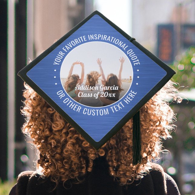 Any Inspirational Quote & Photo Brushed Blue White Graduation Cap Topper (Creator Uploaded)