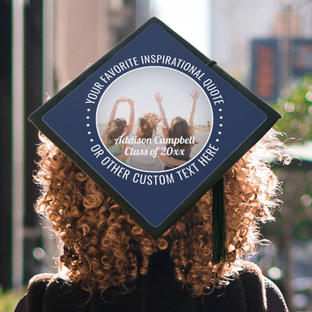 Any Inspirational Quote & Photo Navy Blue & White Graduation Cap Topper (Creator Uploaded)