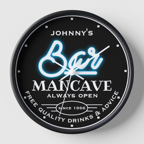 Any Name Bar Mancave Blue Black Slogan Clock