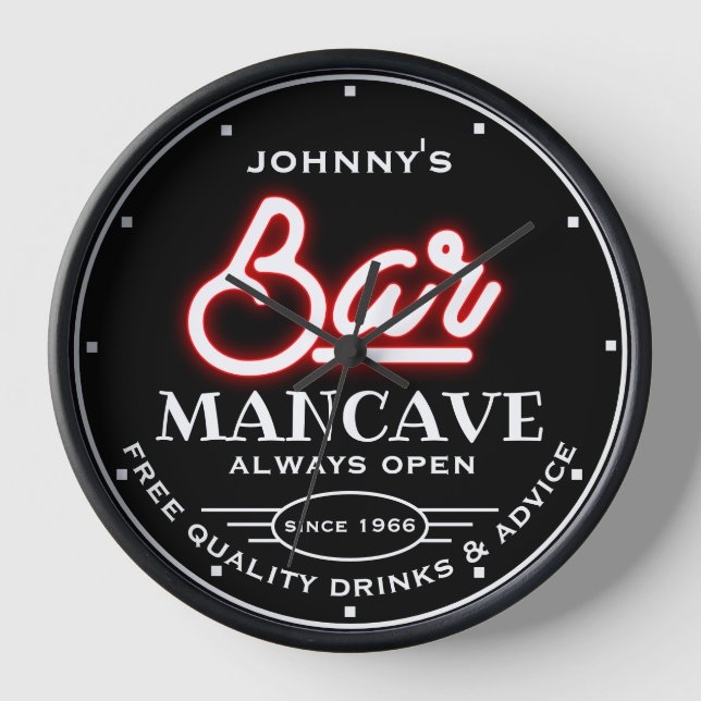 Any Name Bar Mancave Red Black Slogan Clock (Front)