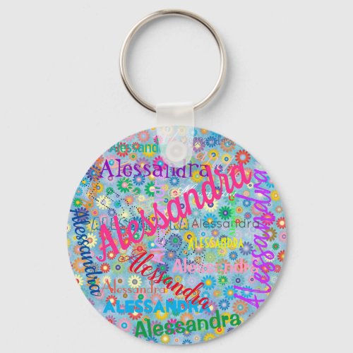 Any Name Collage Girly Keychain with Flowers