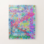 Any Name Collage Puzzle with Flowers<br><div class="desc">This fun puzzle features a colorful girly design with the name of your choice appearing in numerous different fonts and colors. The names are displayed over a blue background with colorful flowers. Great gift for any girl who might like a personalized puzzle!</div>