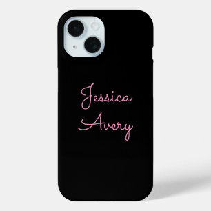Any Name Cool Editable Pink Script on Black iPhone 15 Case