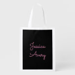 Any Name | Cool Editable Pink Script on Black Grocery Bag