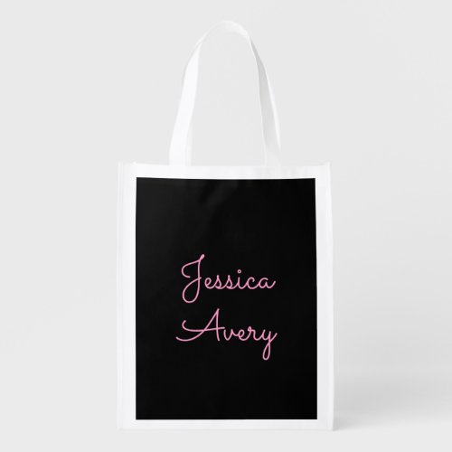 Any Name  Cool Editable Pink Script on Black Grocery Bag
