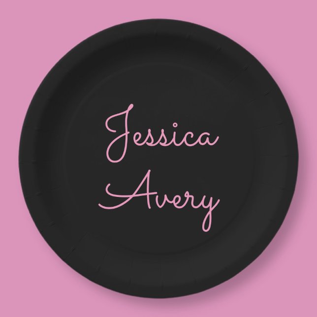 Any Name | Cool Editable Pink Script on Black Paper Plates (Creator Uploaded)