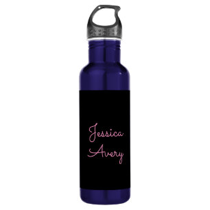 Any Name Cool Editable Pink Script on Black Stainless Steel Water Bottle