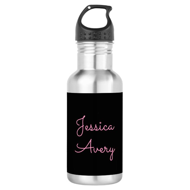 Any Name | Cool Editable Pink Script on Black Stainless Steel Water Bottle (Front)