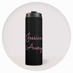 Any Name   Cool Editable Pink Script on Black Thermal Tumbler
