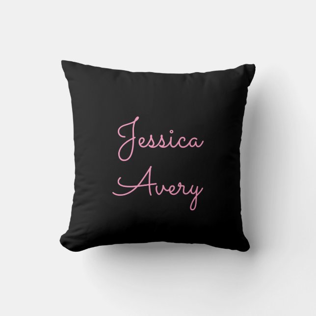 Any Name | Cool Editable Pink Script on Black Throw Pillow (Front)