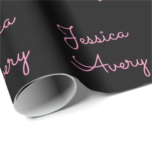 Any Name  Cool Editable Pink Script on Black Wrapping Paper