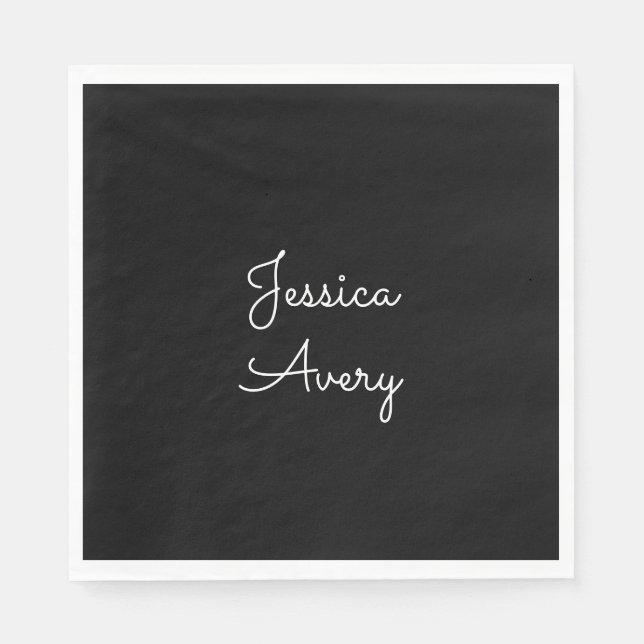 Any Name | Cool Editable White Script on Black Napkins (Front)