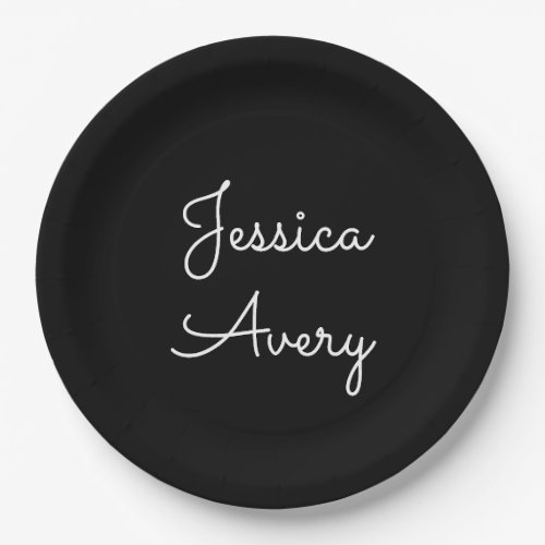 Any Name  Cool Editable White Script on Black Paper Plates