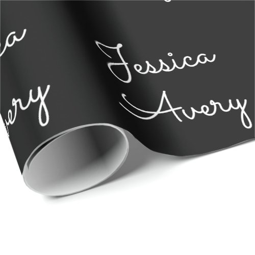 Any Name  Cool Editable White Script on Black Wrapping Paper