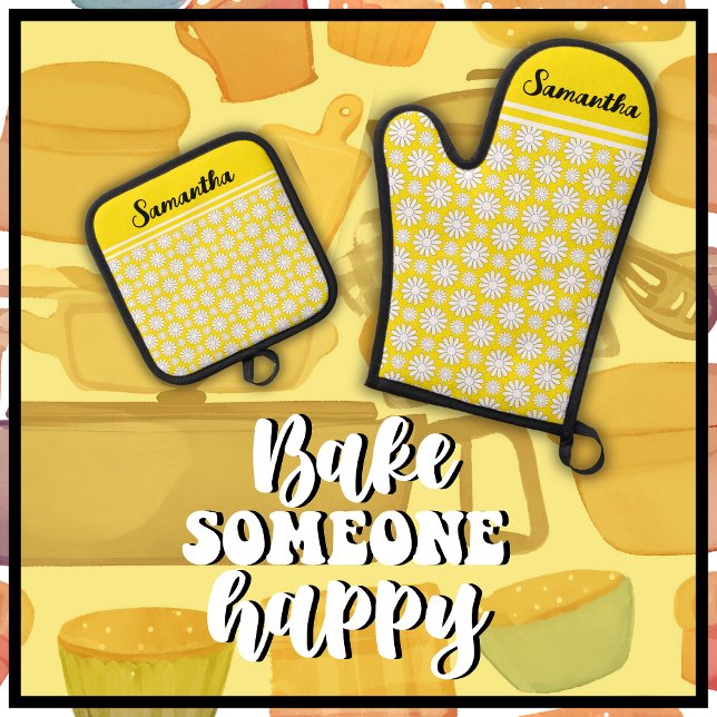 Any Name Cute Floral Daisy Pattern Oven Mitt & Pot Holder Set (Bake Someone Happy with this cute yellow & white daisy pattern oven mitt and pot holder set.)