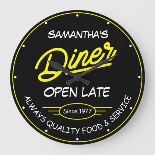 Any Name Diner Date Slogan Yellow Retro Sign Black Large Clock