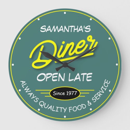Any Name Diner Date Slogan Yellow Retro Sign Teal Large Clock