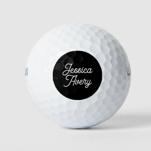 Any Name  Editable Vintage Styled Script on Black Golf Balls
