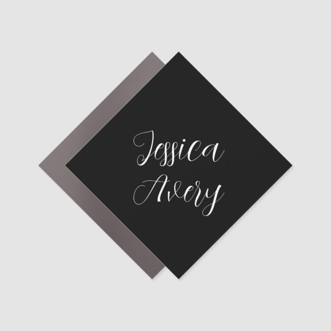Any Name | Elegant Editable White Script on Black Car Magnet (Front)