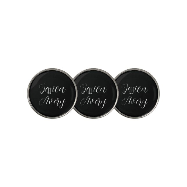 Any Name | Elegant Editable White Script on Black Golf Ball Marker (3 Up)