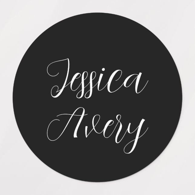Any Name | Elegant Editable White Script on Black Labels (Design 1)
