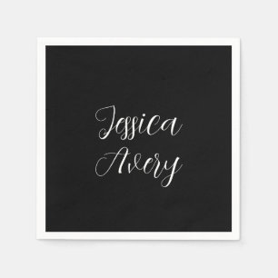 Any Name   Elegant Editable White Script on Black Napkins