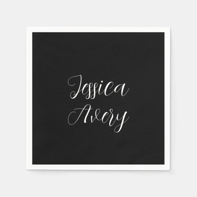 Any Name | Elegant Editable White Script on Black Napkins (Front)