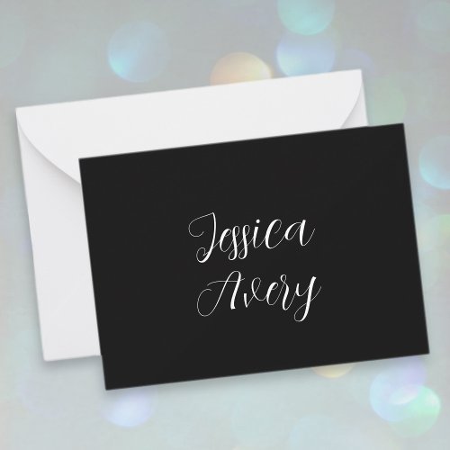 Any Name  Elegant Editable White Script on Black Note Card