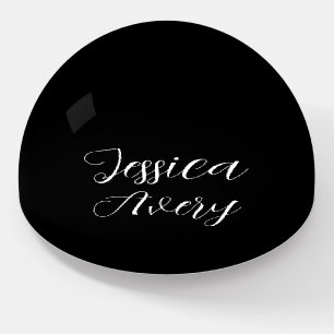 Any Name   Elegant Editable White Script on Black Paperweight