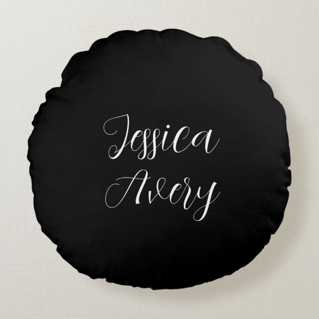 Any Name | Elegant Editable White Script on Black Round Pillow (Front)