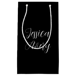Any Name Elegant Editable White Script on Black Small Gift Bag