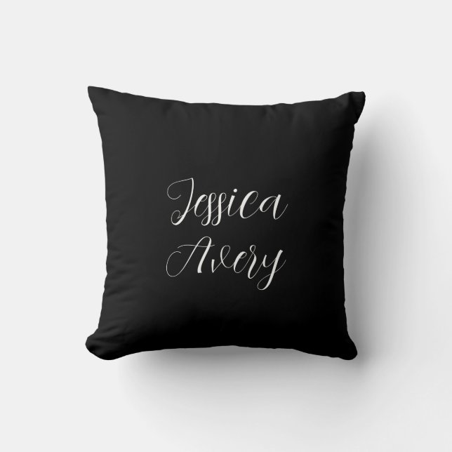 Any Name | Elegant Editable White Script on Black Throw Pillow (Front)