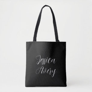 Any Name Elegant Editable White Script on Black Tote Bag