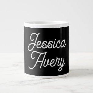 Any Name    Elegant Vintage White Script on Black Giant Coffee Mug