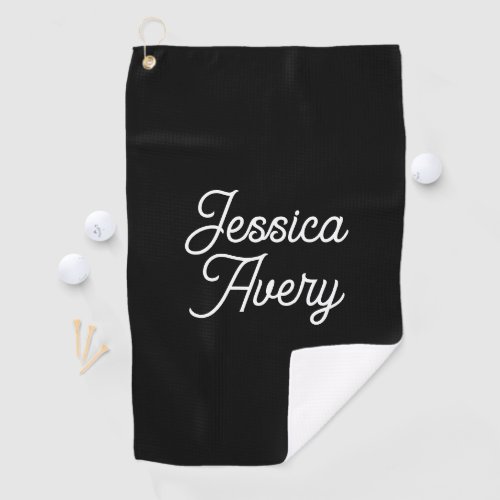 Any Name   Elegant Vintage White Script on Black Golf Towel