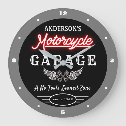 Any Name Faux Neon Garage Since Date Grey Black Large Clock