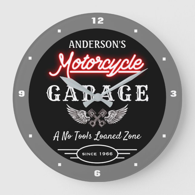 Any Name Faux Neon Garage Since Date Grey Black Large Clock (Front)