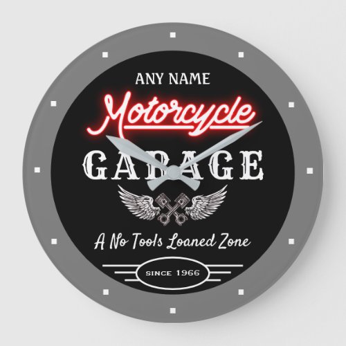 Any Name Faux Neon Garage Since Date Grey Black Large Clock