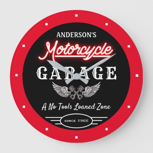 Any Name Faux Neon Garage Since Date Red Black  Large Clock