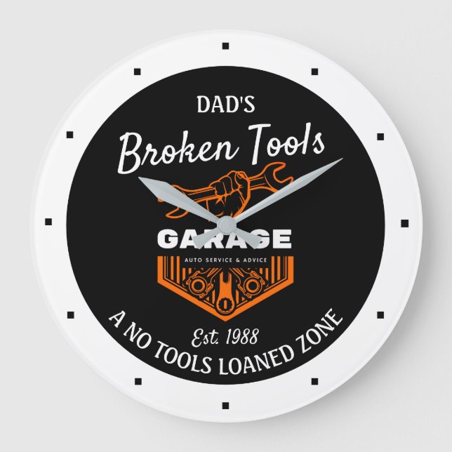 Any Name Funny Broken Tools Garage Date Black Large Clock (Front)