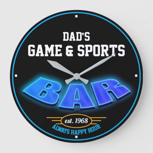 Any Name Game  Sports Bar Blue and Black _ Large Clock
