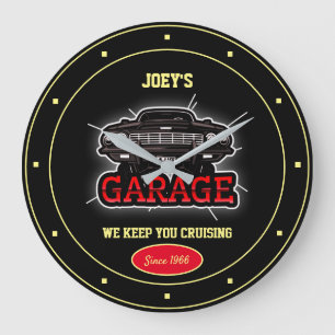 Any Name Garage Car Graphic Fun Slogan Black Large Clock